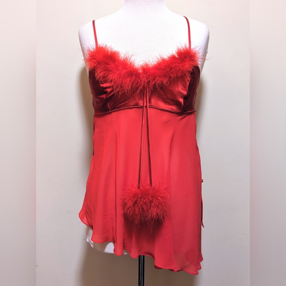Vintage Red Feather Lingerie Nightie and Thong Matching Set - NWT